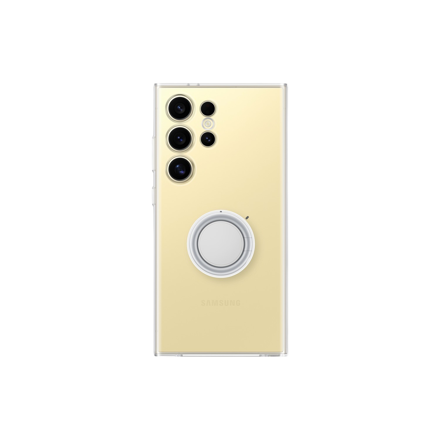 Téléphone jaune avec un accessoire circulaire au dos. Fond noir.