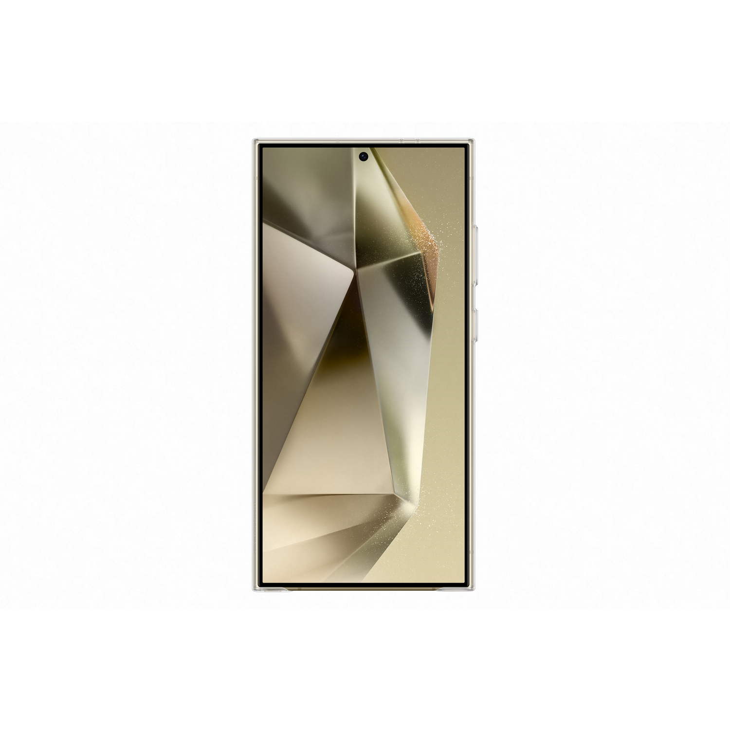 Téléphone avec écran doré, design géométrique sur l'écran.