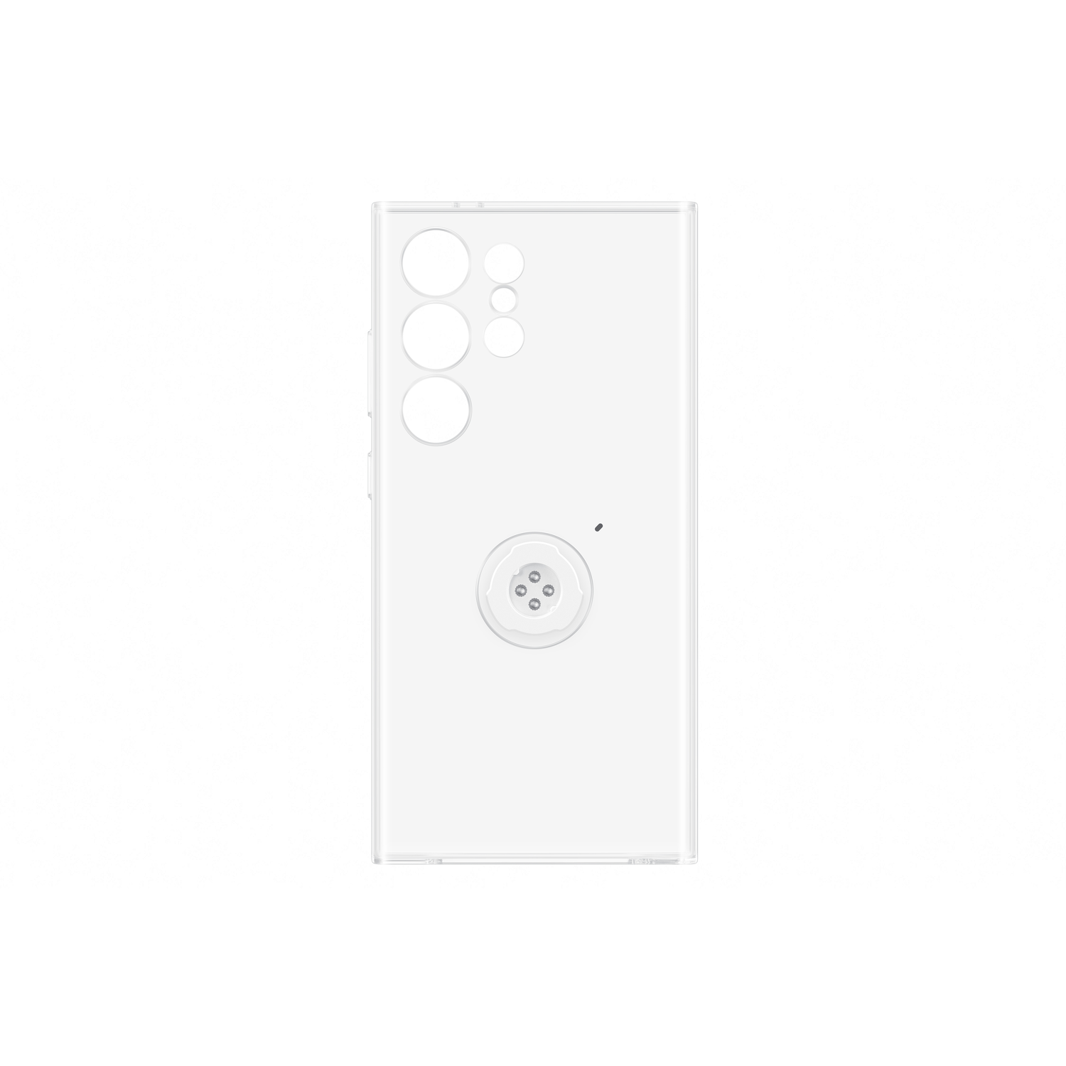 Coque de téléphone transparente sur fond blanc, avec découpes caméra et support circulaire.