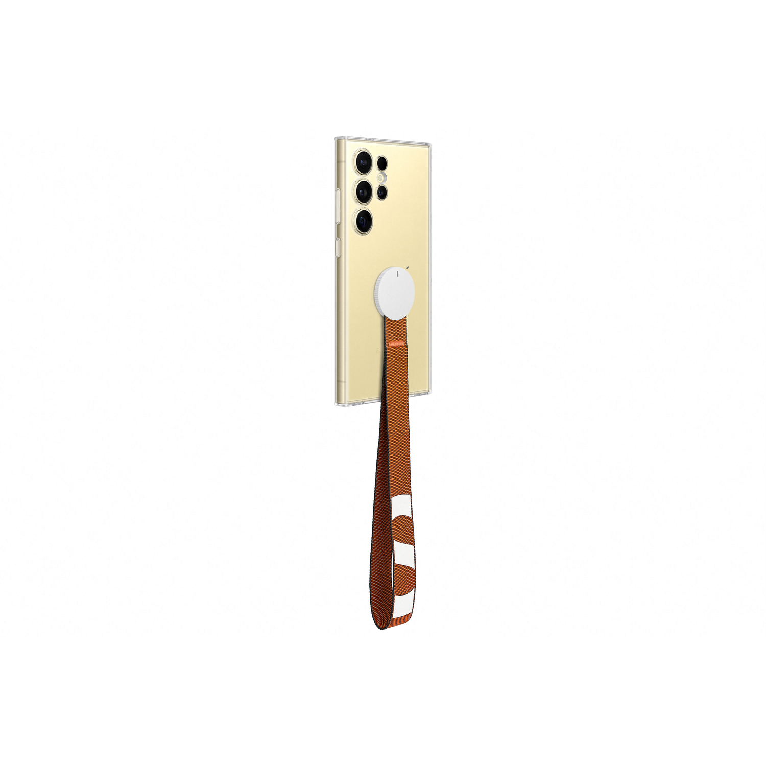 Coque de téléphone avec une sangle, attachée à un téléphone sur fond blanc.