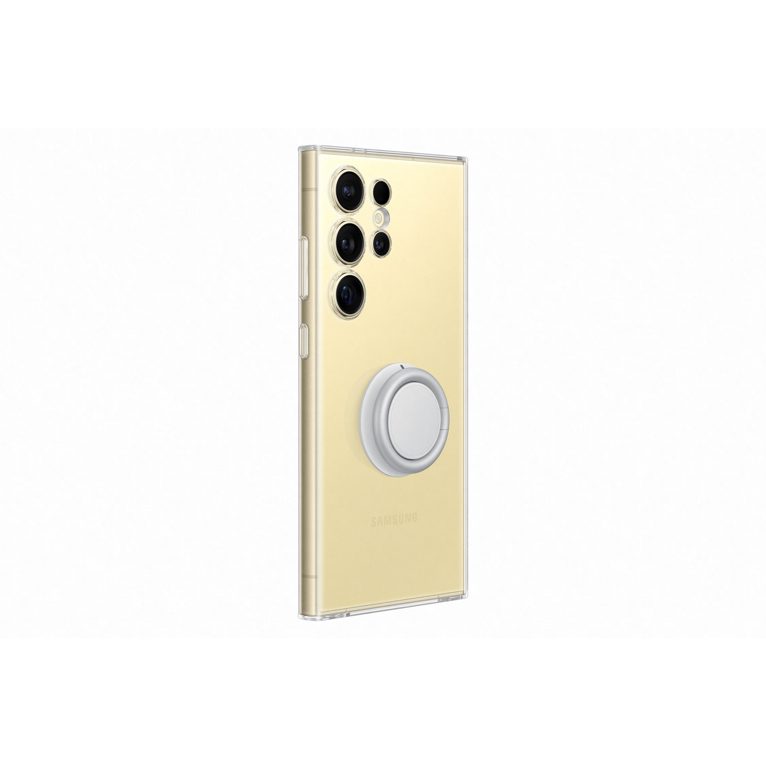 Téléphone jaune avec un support de bague à l'arrière.
