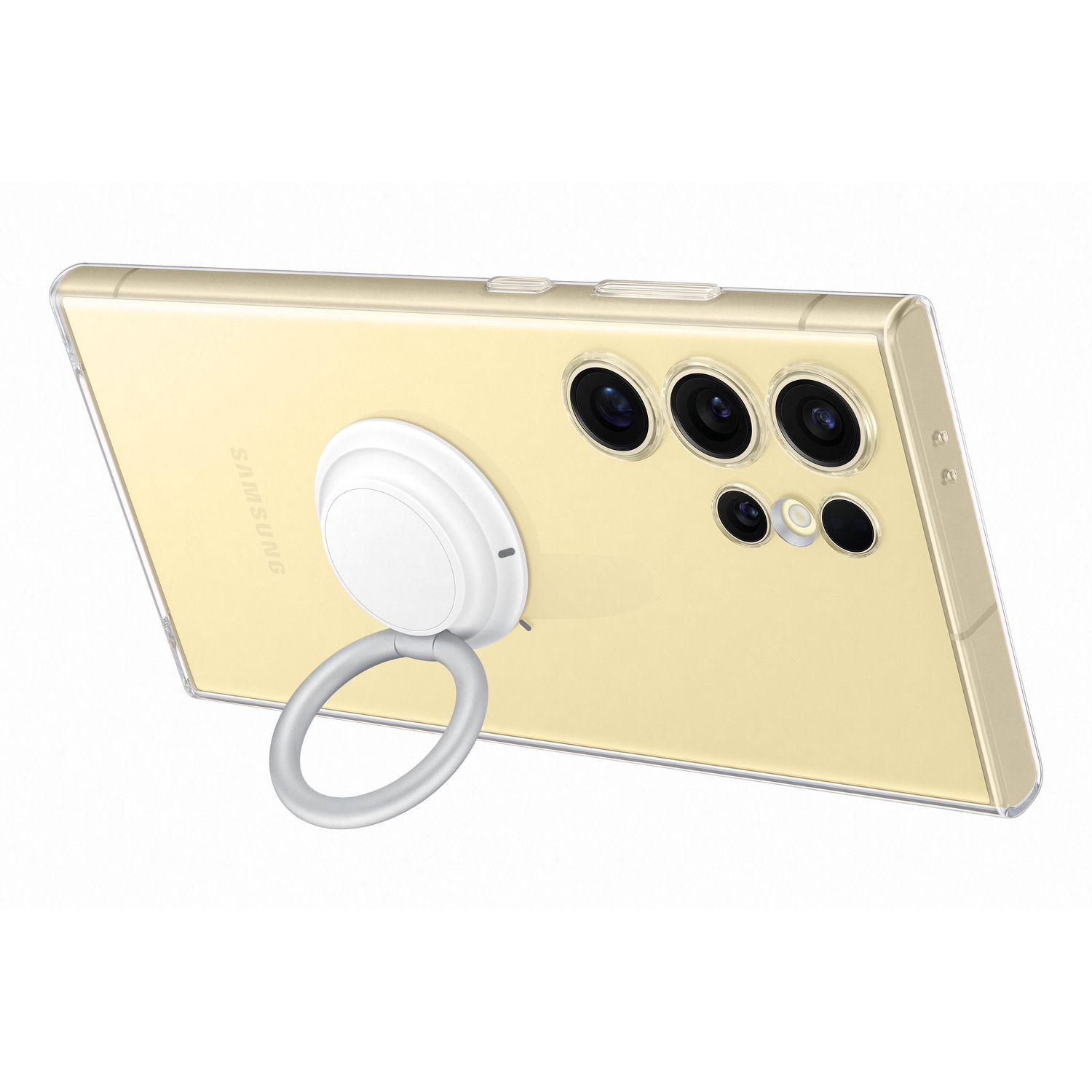 Téléphone Samsung doré avec un support d'anneau blanc attaché, dans un étui transparent. Le téléphone est sur le dos.