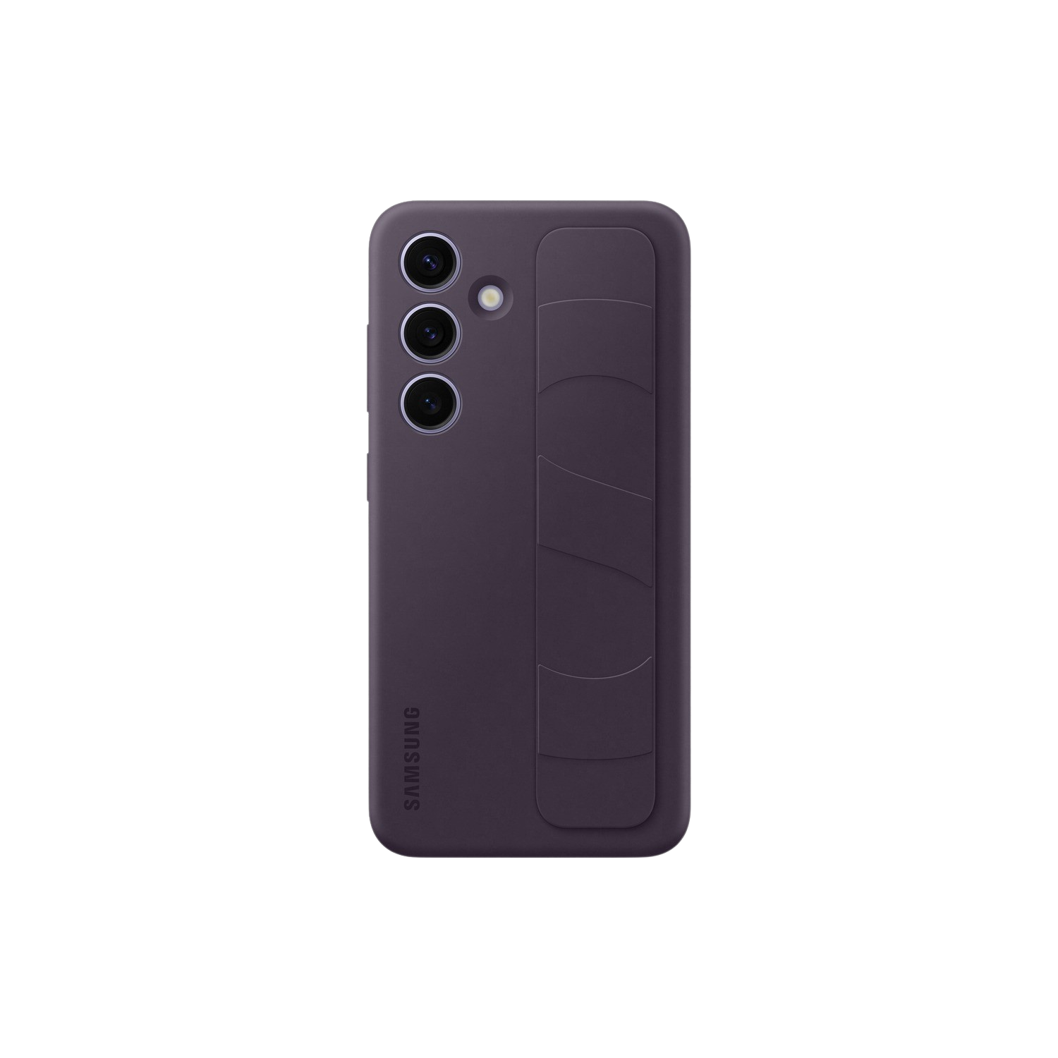 Coque de téléphone Samsung violette avec découpes pour caméra et une sangle, sur fond noir.