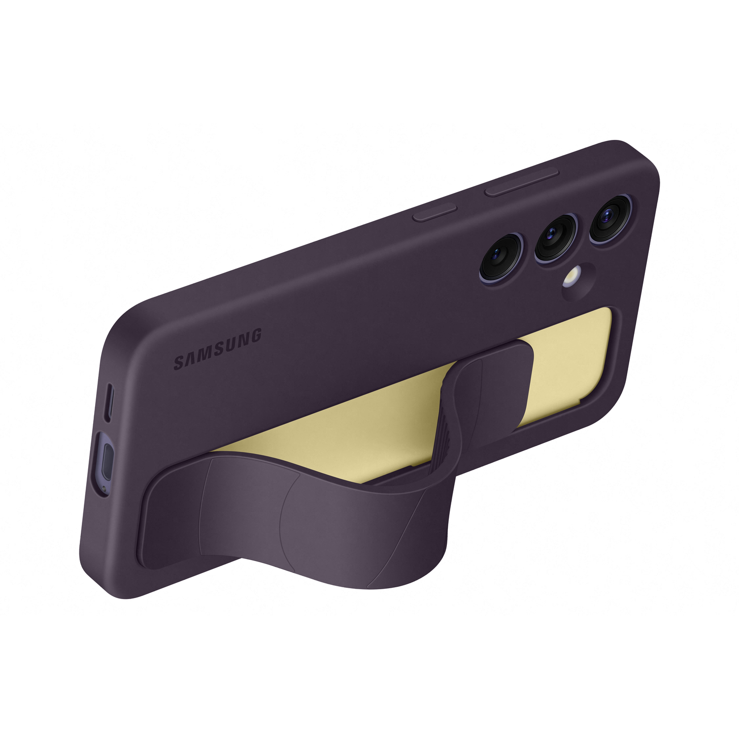 Téléphone violet avec un support jaune, placé sur une surface. Vue arrière.