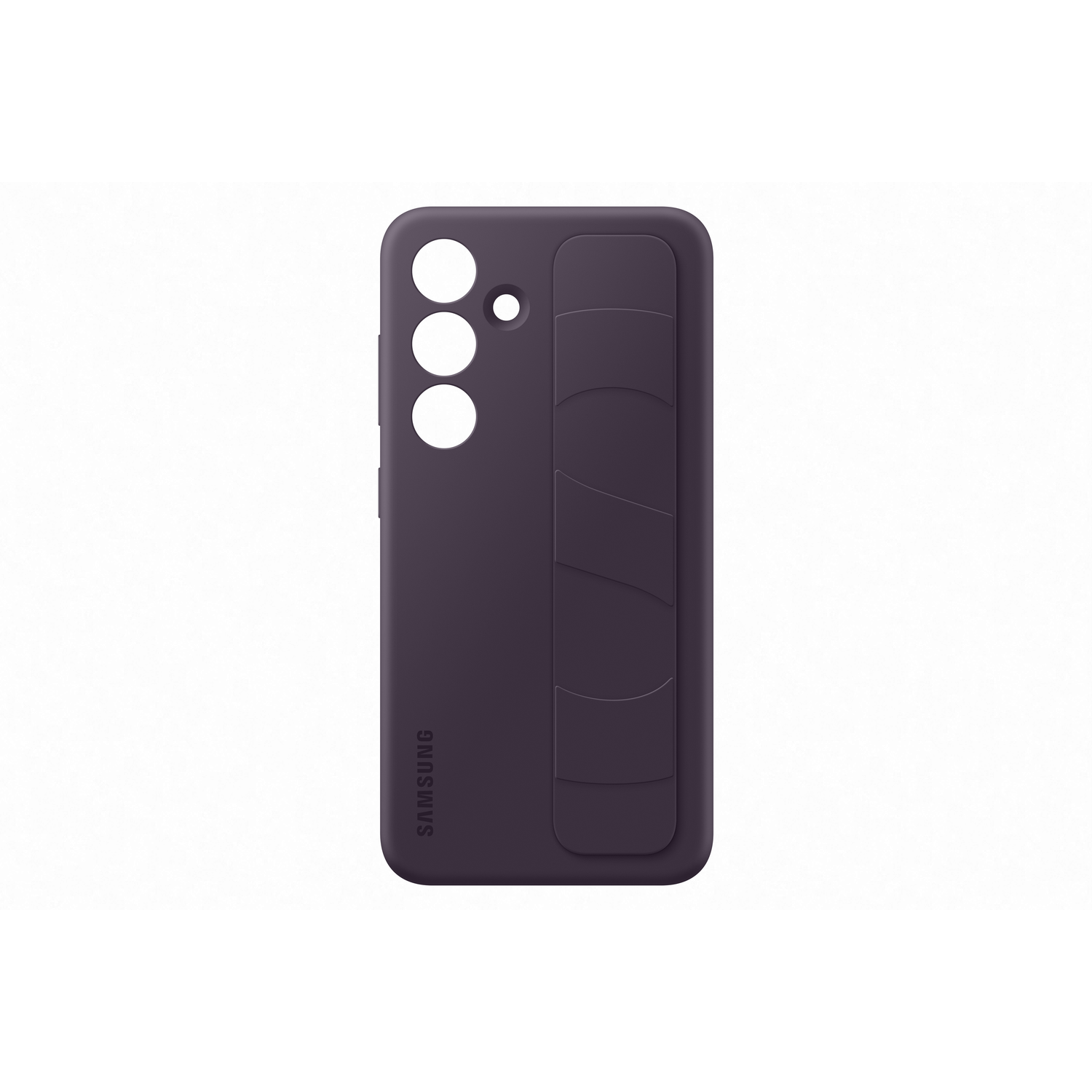 Coque de téléphone violet foncé avec un support de sangle. Le dos a trois trous pour la caméra.