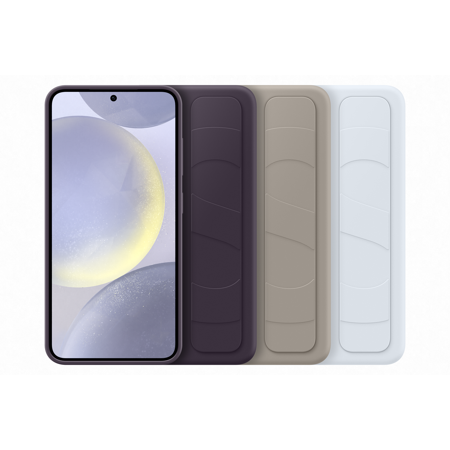 Téléphone avec écran et une coque noire, violette, beige et blanche.