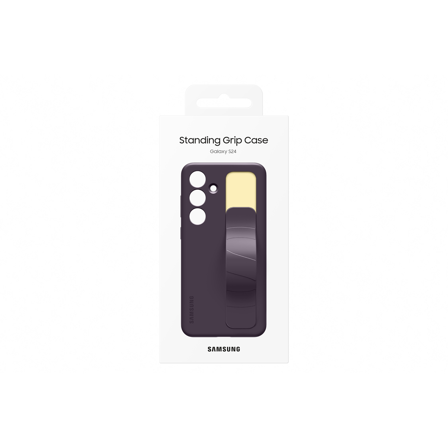 Coque de téléphone violette avec un support, dans un emballage avec un fond blanc.