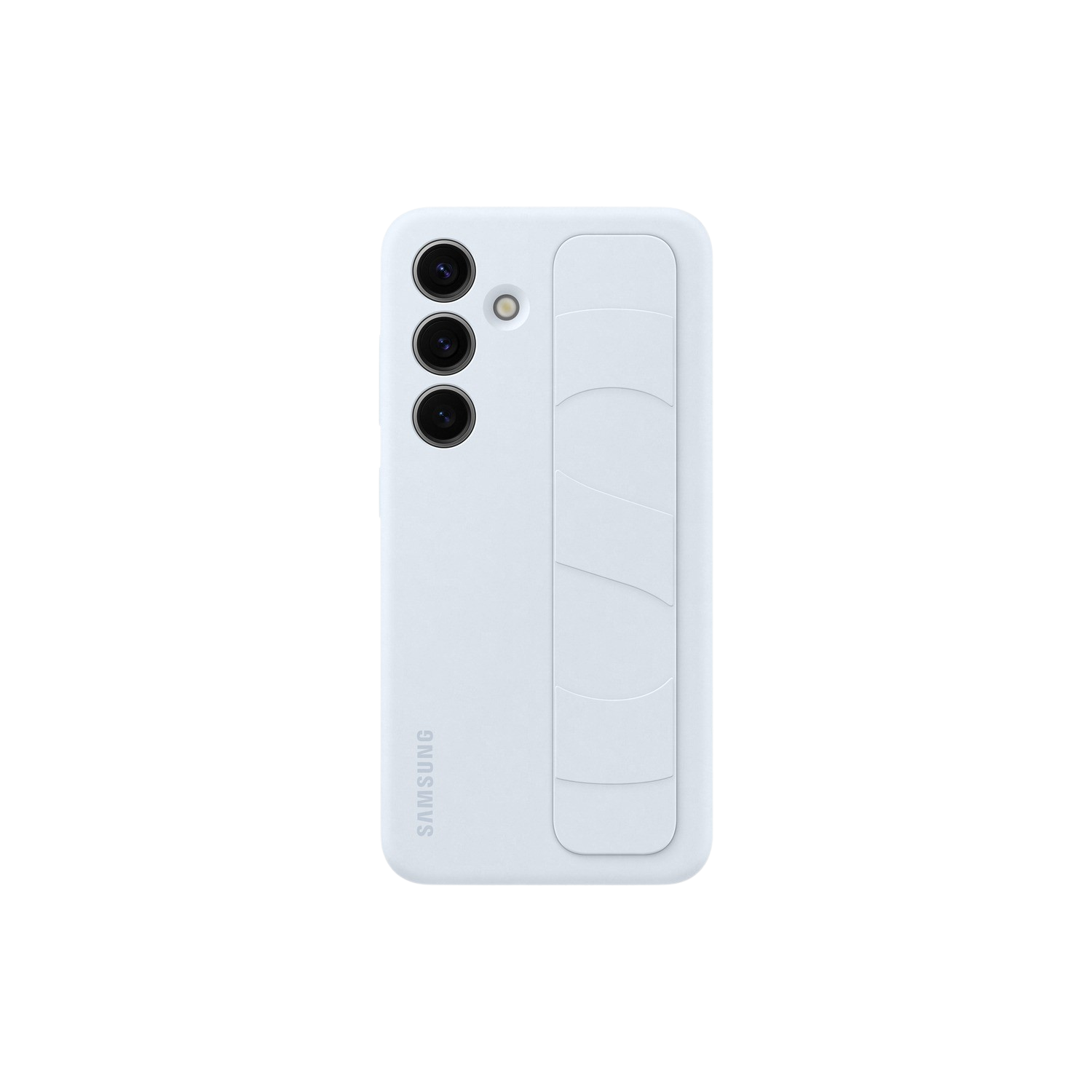 Achterkant van een lichtblauwe Samsung-telefoon met drie cameralenzen en een handgreep, en een Samsung-logo.