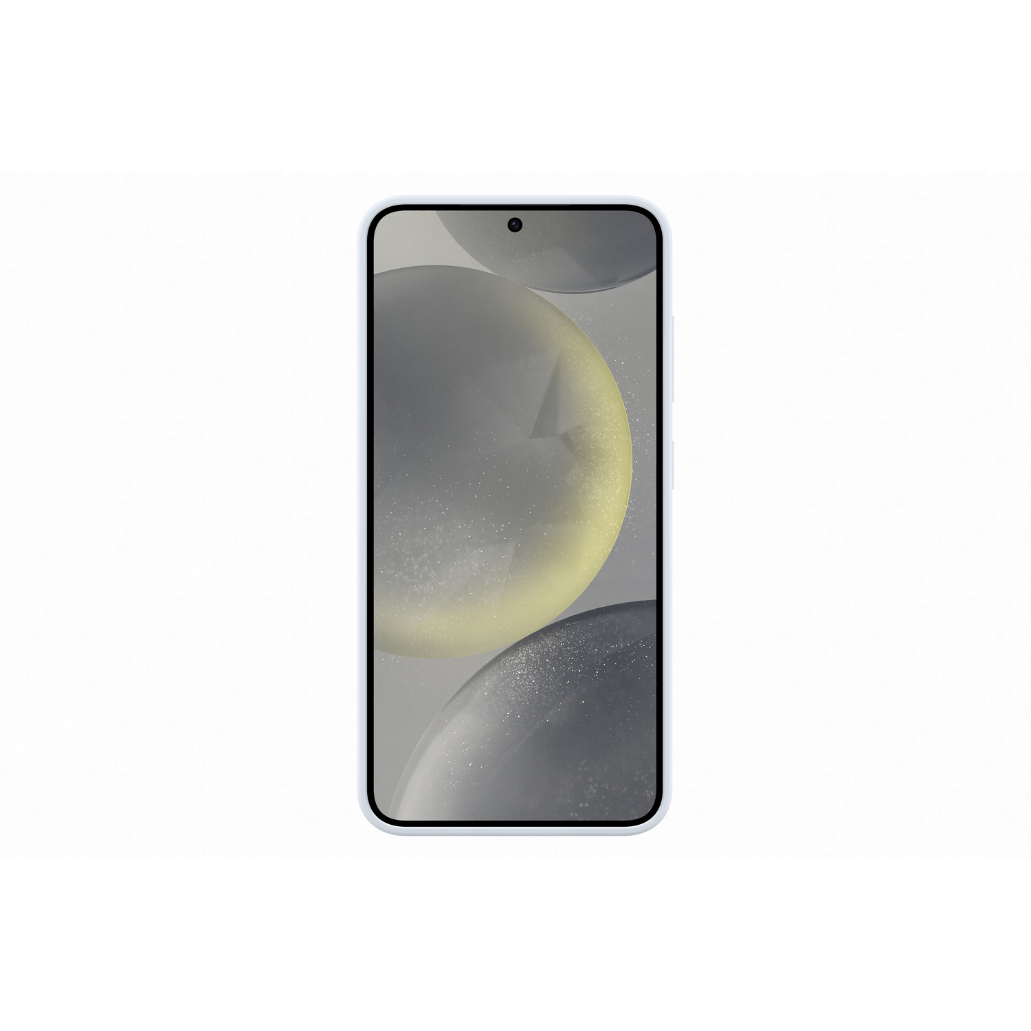 Een moderne smartphone met een lichtblauw frame, met een scherm met digitale bollen.