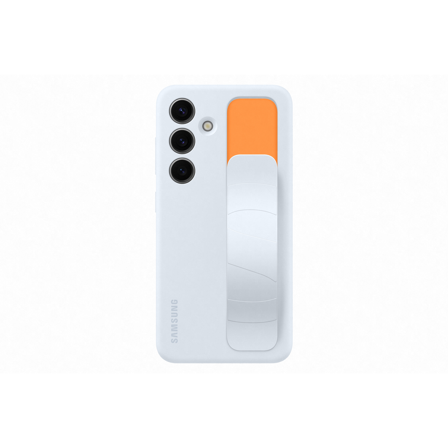 Witte telefoonhoes met een witte band en een oranje gedeelte. De telefoon heeft camera's.