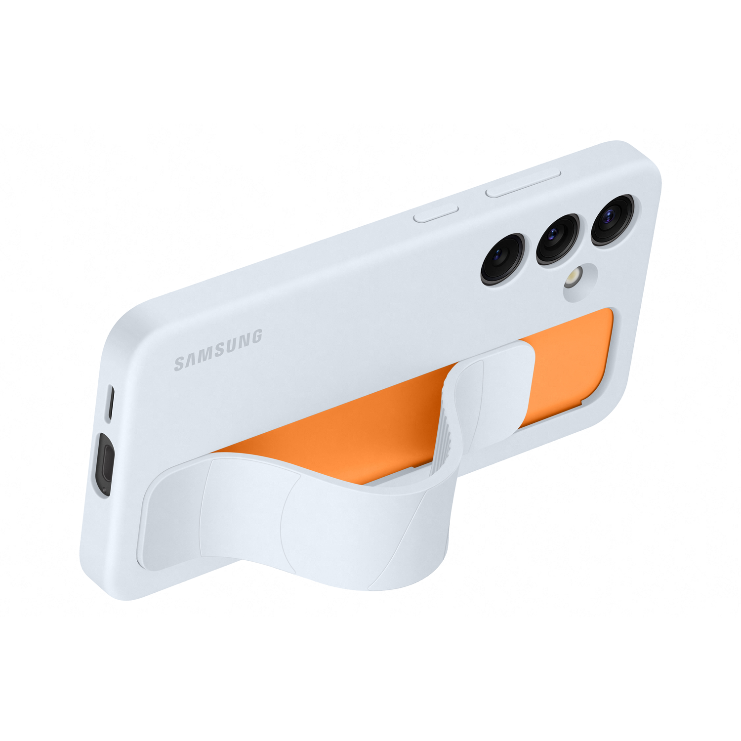 Witte telefoon met een oranje achterkant en een handgreep.