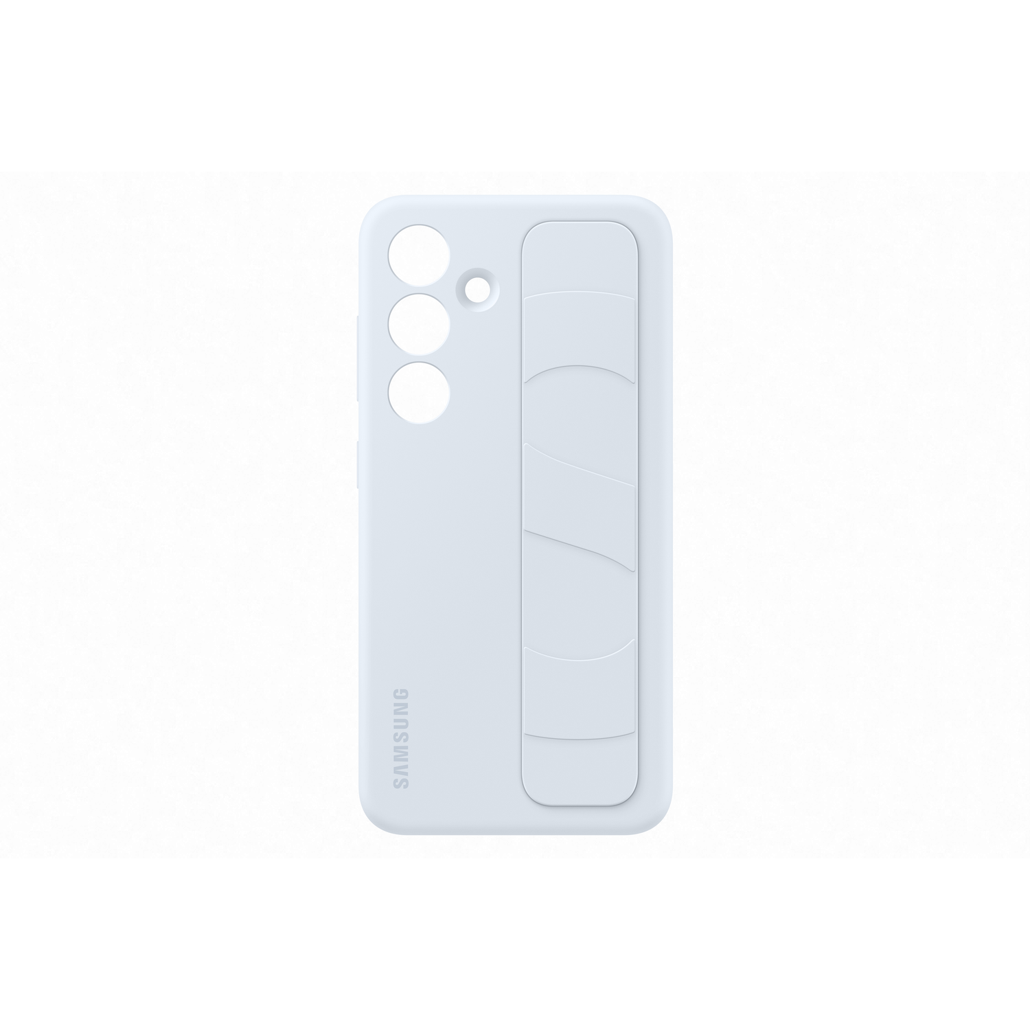 Lichtblauwe telefoonhoes met Samsung-logo en camera-uitsparing.
