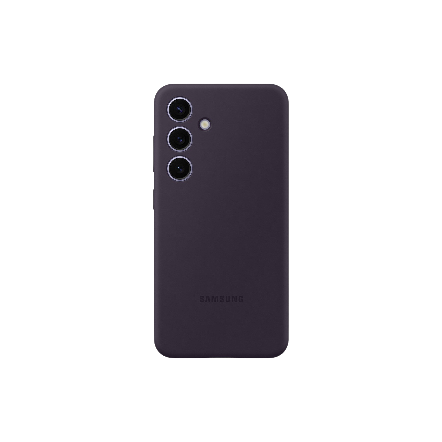 De achterkant van een Samsung telefoon, donkerpaars, met drie camera's en het Samsung logo.