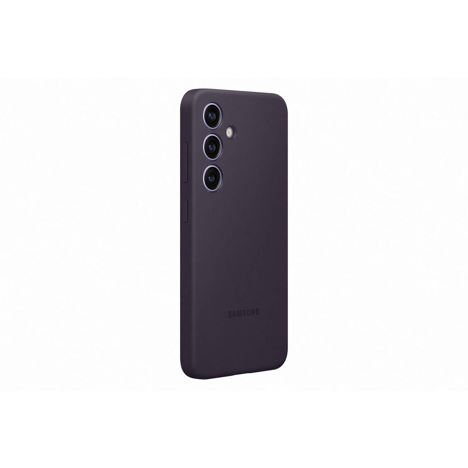Paarse telefoonhoes met drie camera-uitsparingen, het Samsung-logo is zichtbaar.