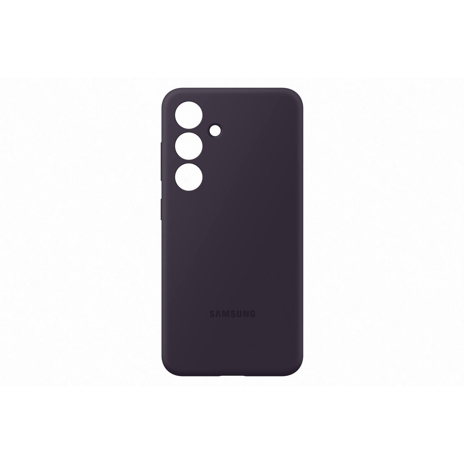 Een donkerpaarse telefoonhoes met drie camera-uitsparingen en het Samsung-logo, witte achtergrond.