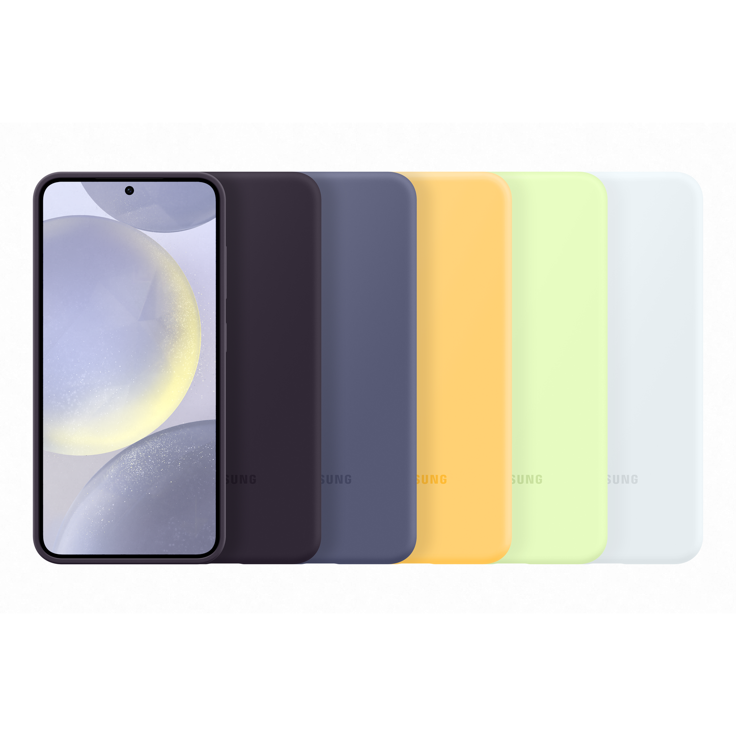 Vijf telefoons in verschillende kleuren, op een rij, witte achtergrond.