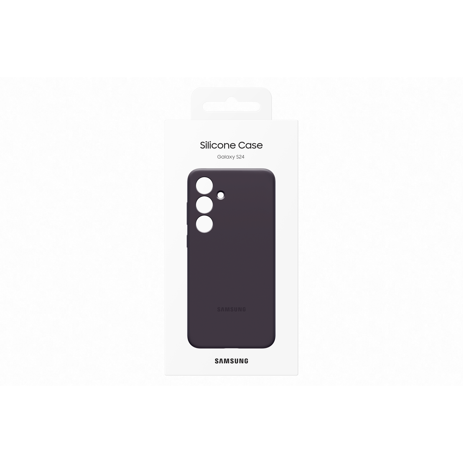 Een Samsung Galaxy S24 siliconen hoesje in een verpakking. De hoes is donkerpaars, de verpakking wit met Samsung logo.