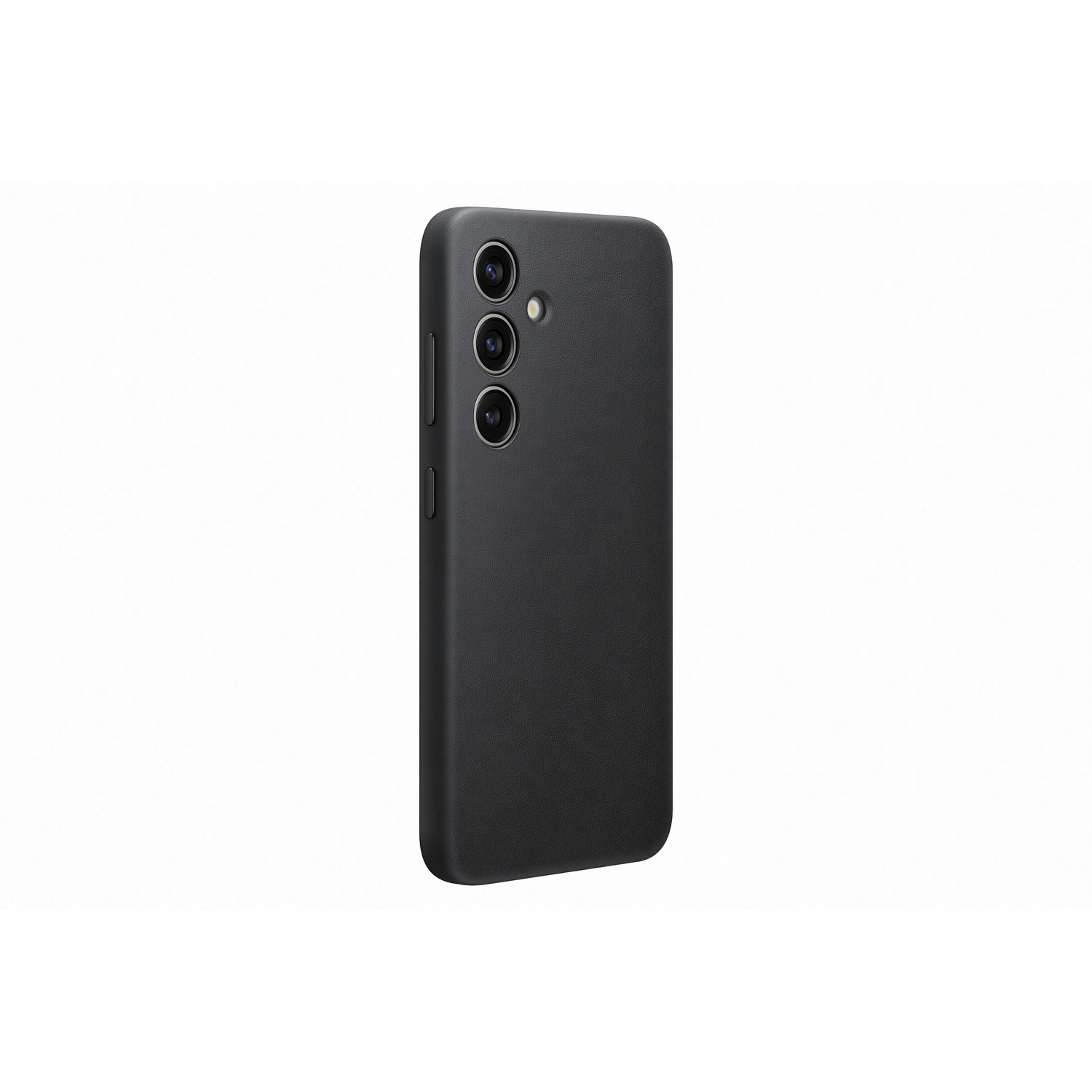 Coque de téléphone noire avec trois objectifs d'appareil photo à l'arrière et un bouton latéral.