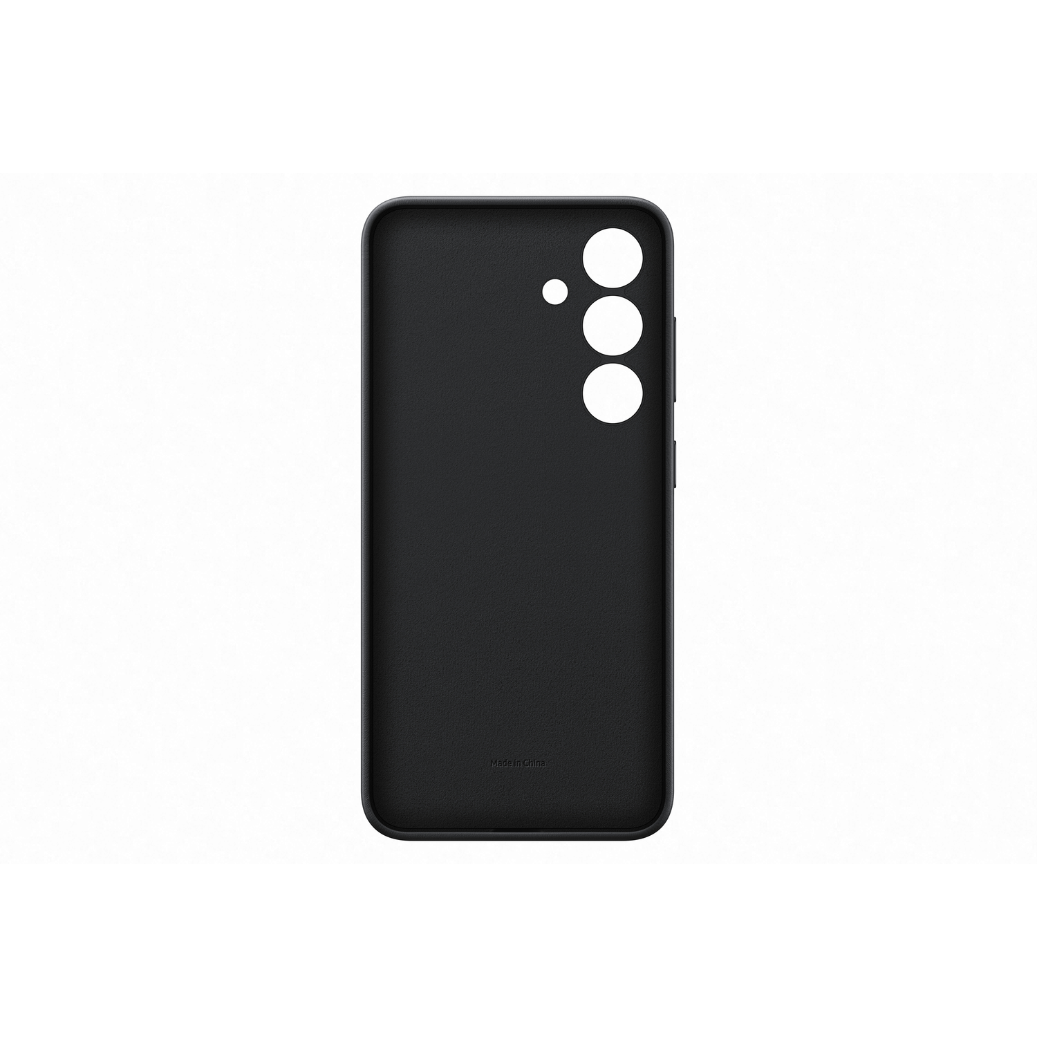 Une coque de téléphone noire avec des découpes pour l'appareil photo et les boutons sur fond blanc.