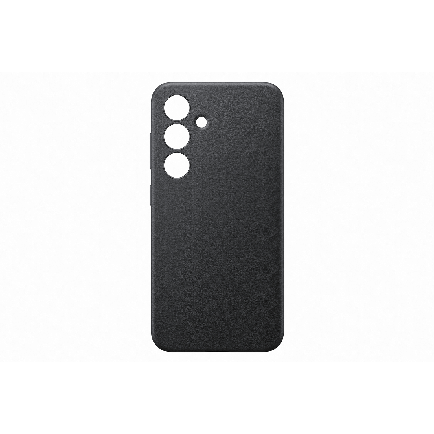 Coque de téléphone noire avec trois découpes pour caméra. Fond blanc.
