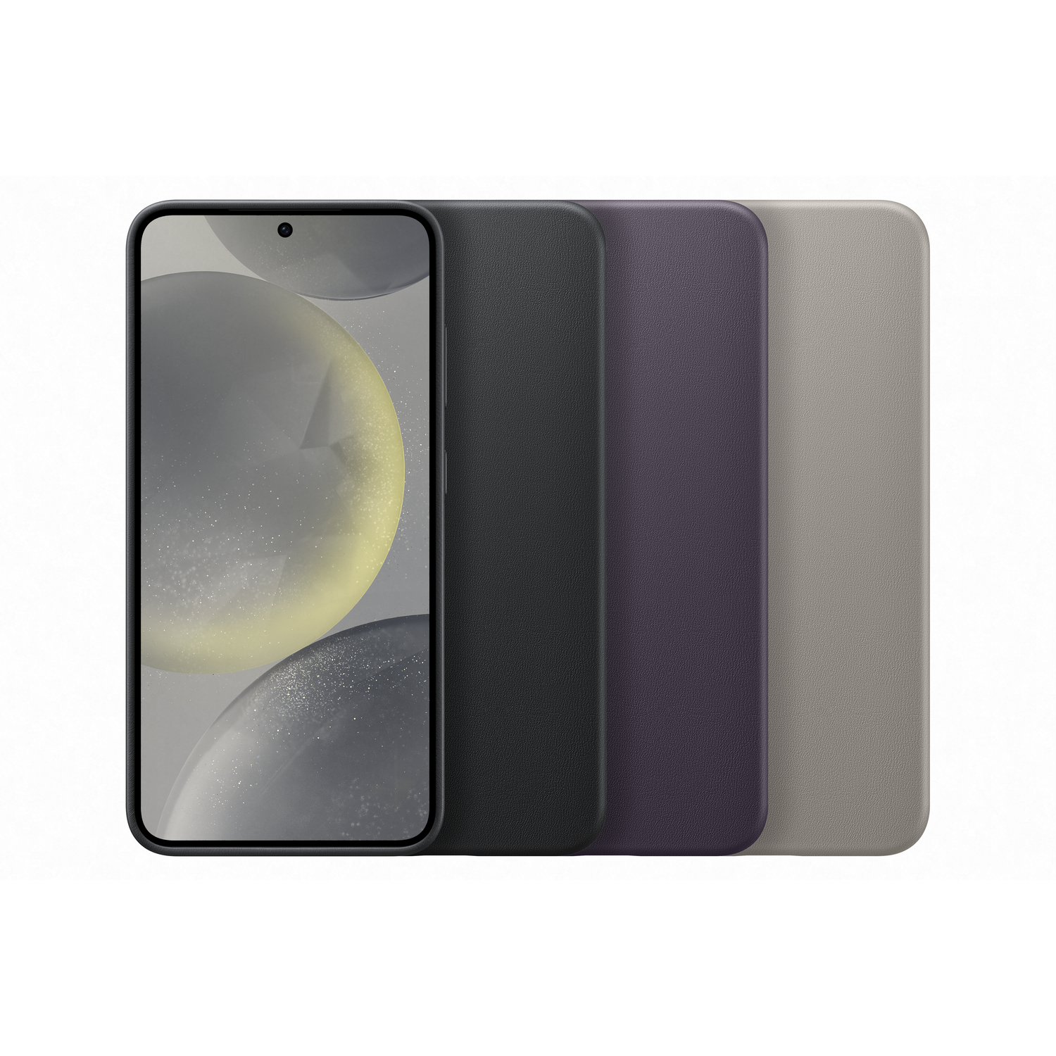Un smartphone avec écran et trois étuis en noir, violet et gris.