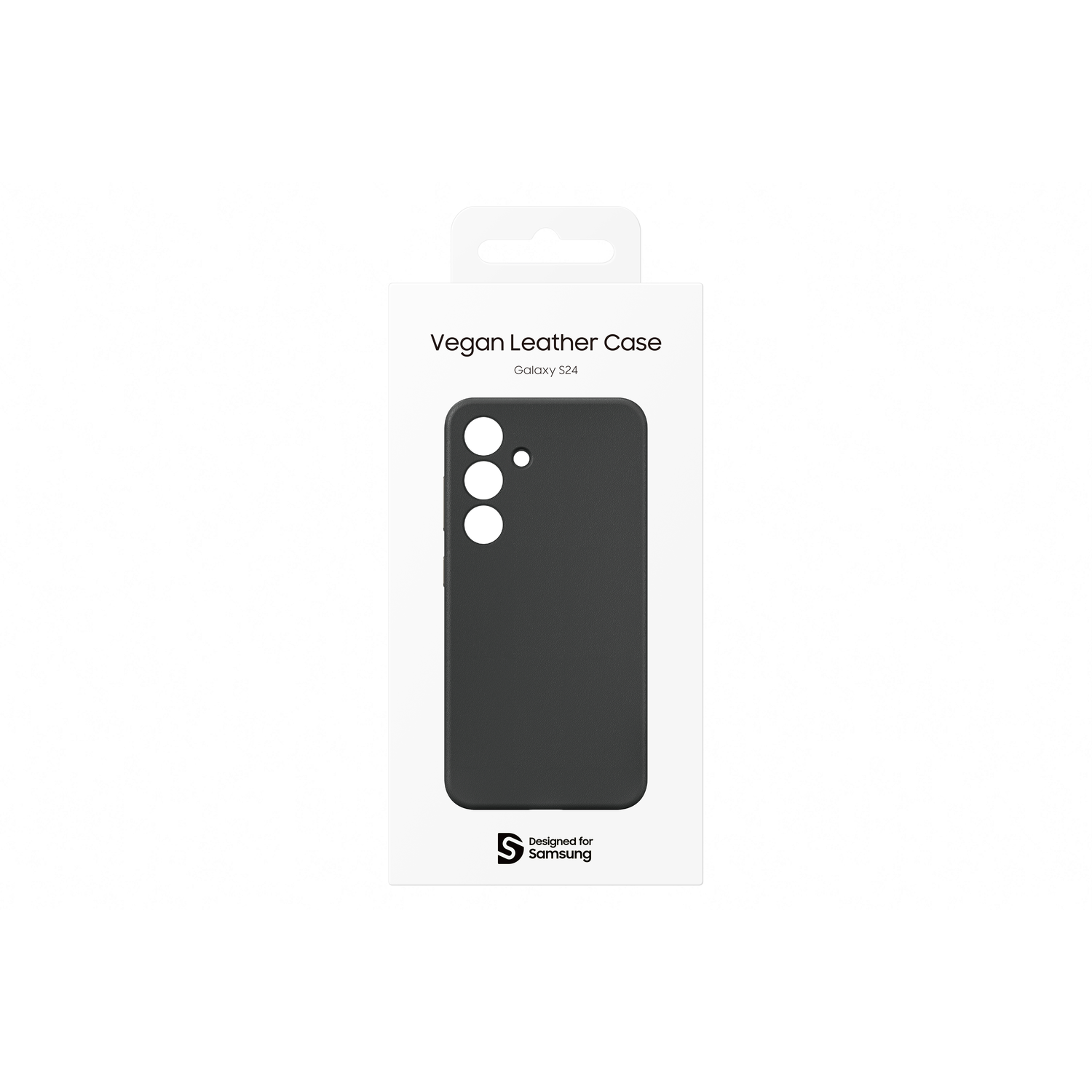 Coque de téléphone noire dans une boîte blanche avec fond blanc.