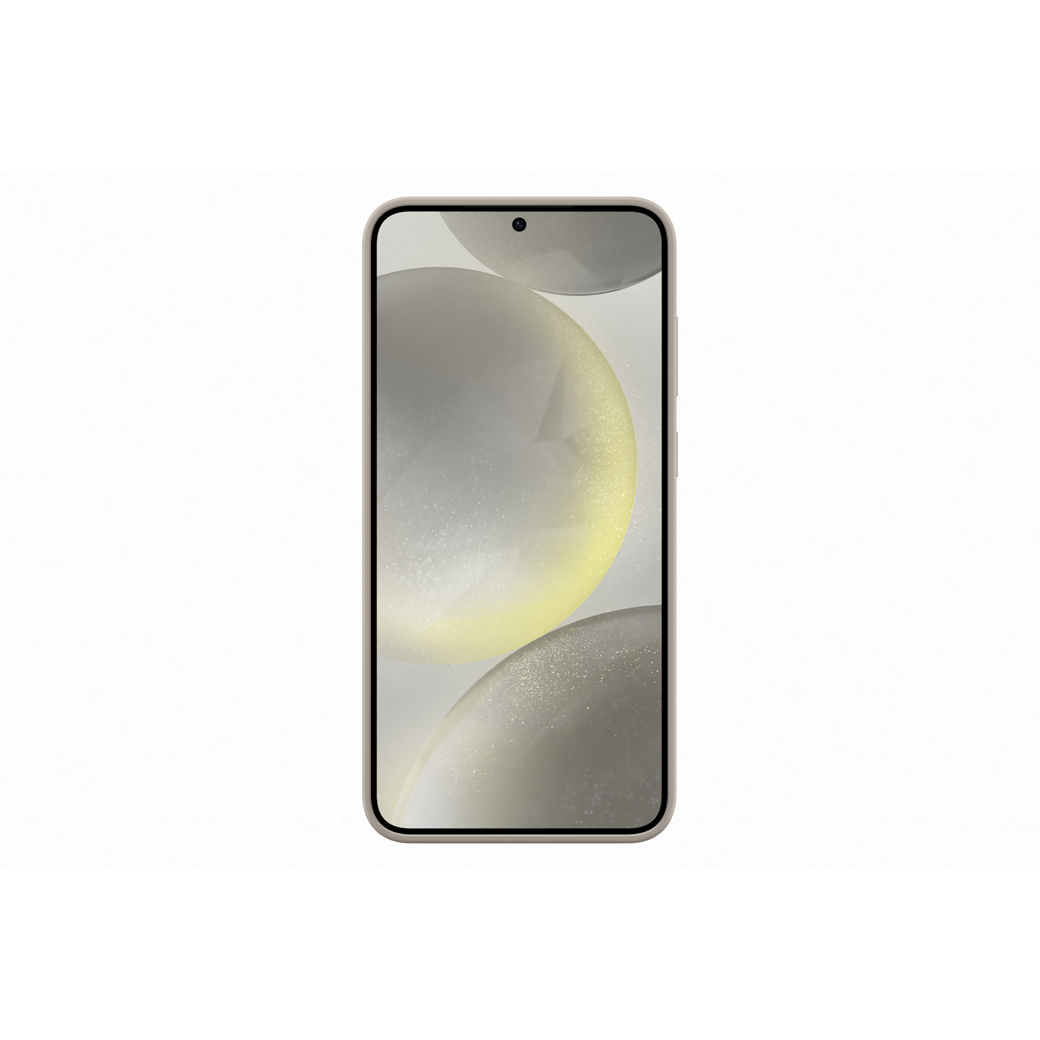 A phone in light tan color. The screen displays blurred images of spheres on a white background.