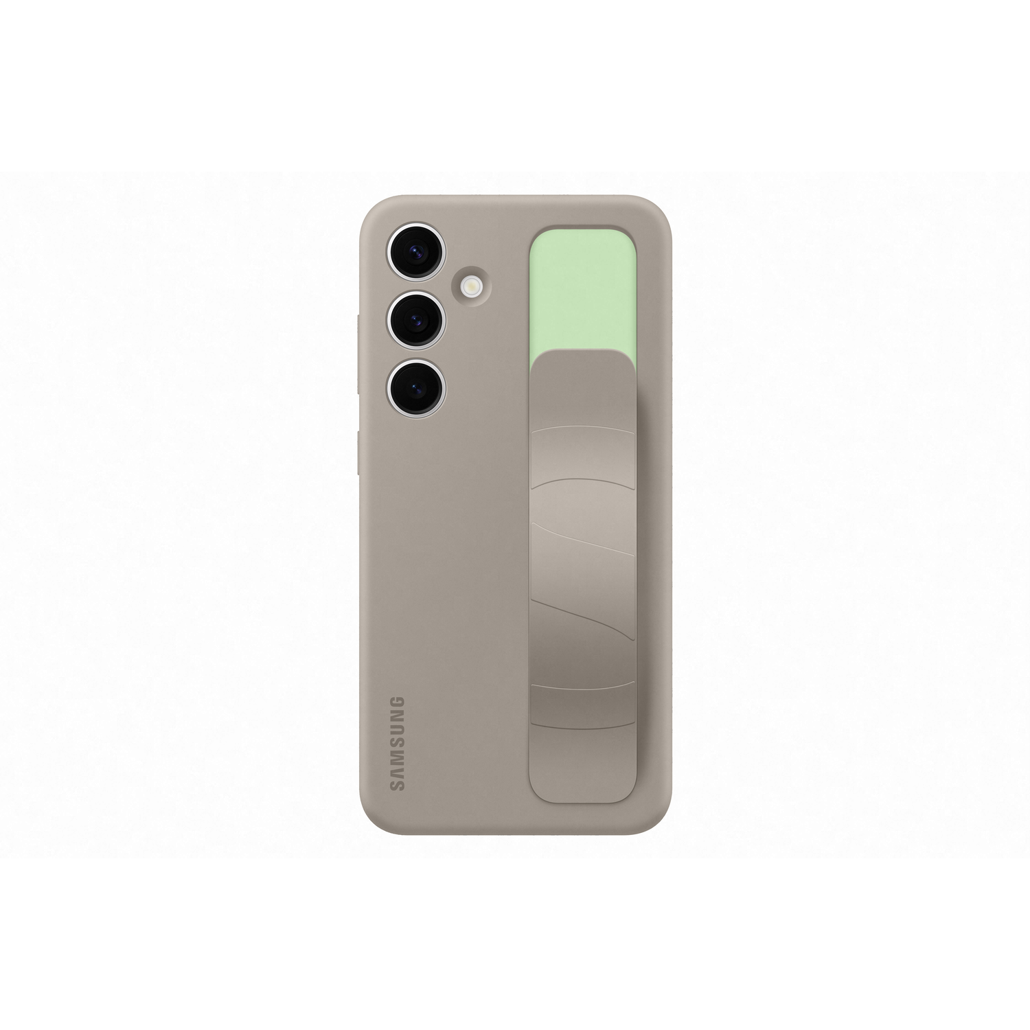 A light brown phone case with three rear camera lenses and a green grip.