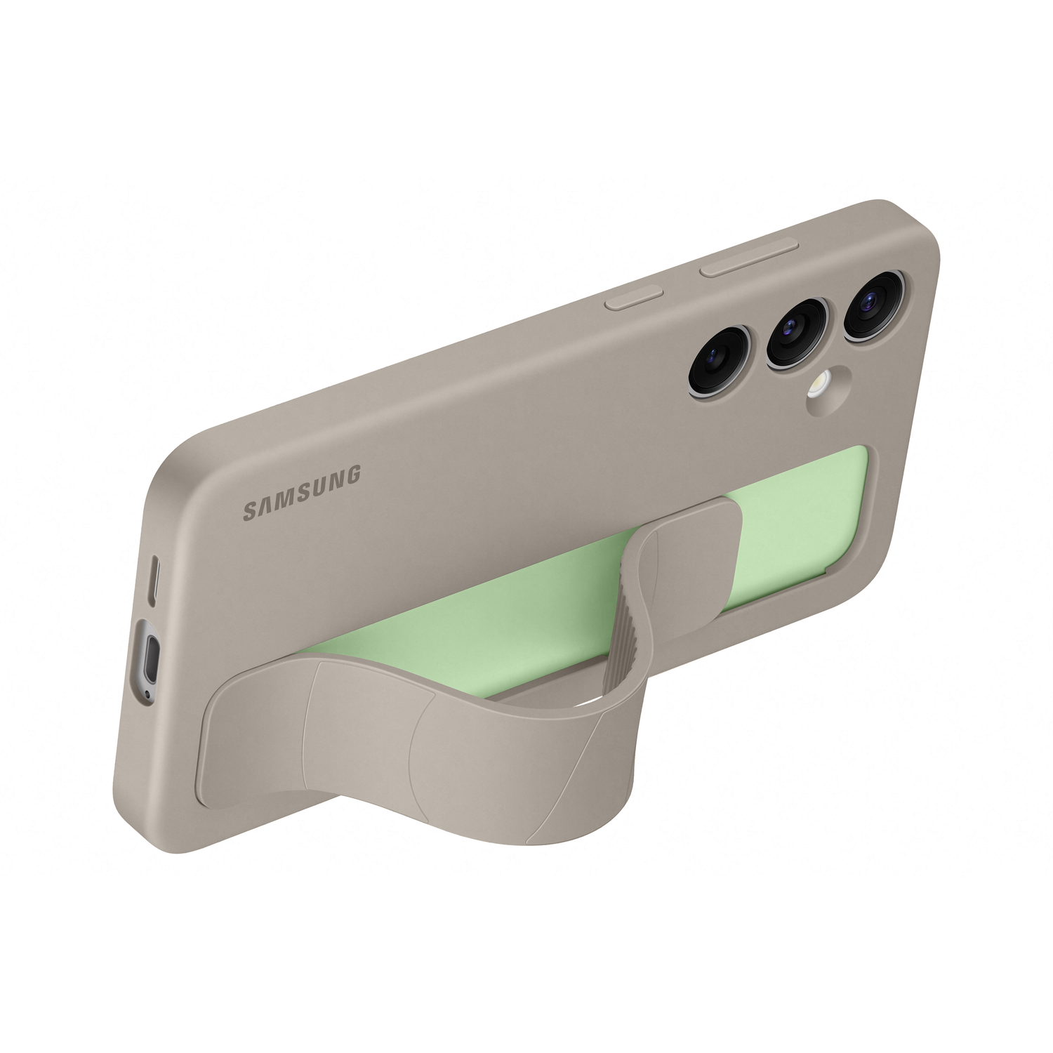 Beige phone case with a hand strap. Green interior visible.