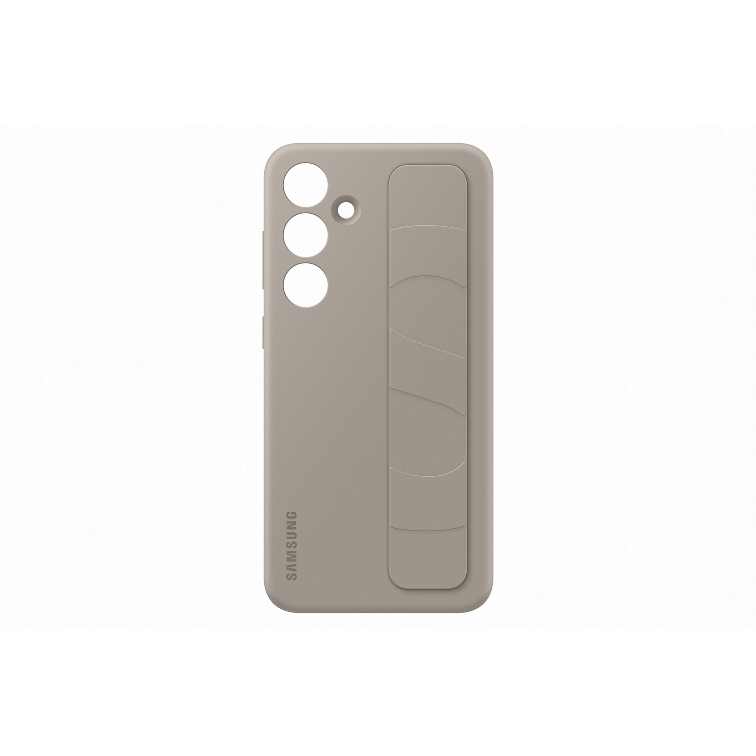 Tan phone case with a handle and three camera holes. Samsung written on.
