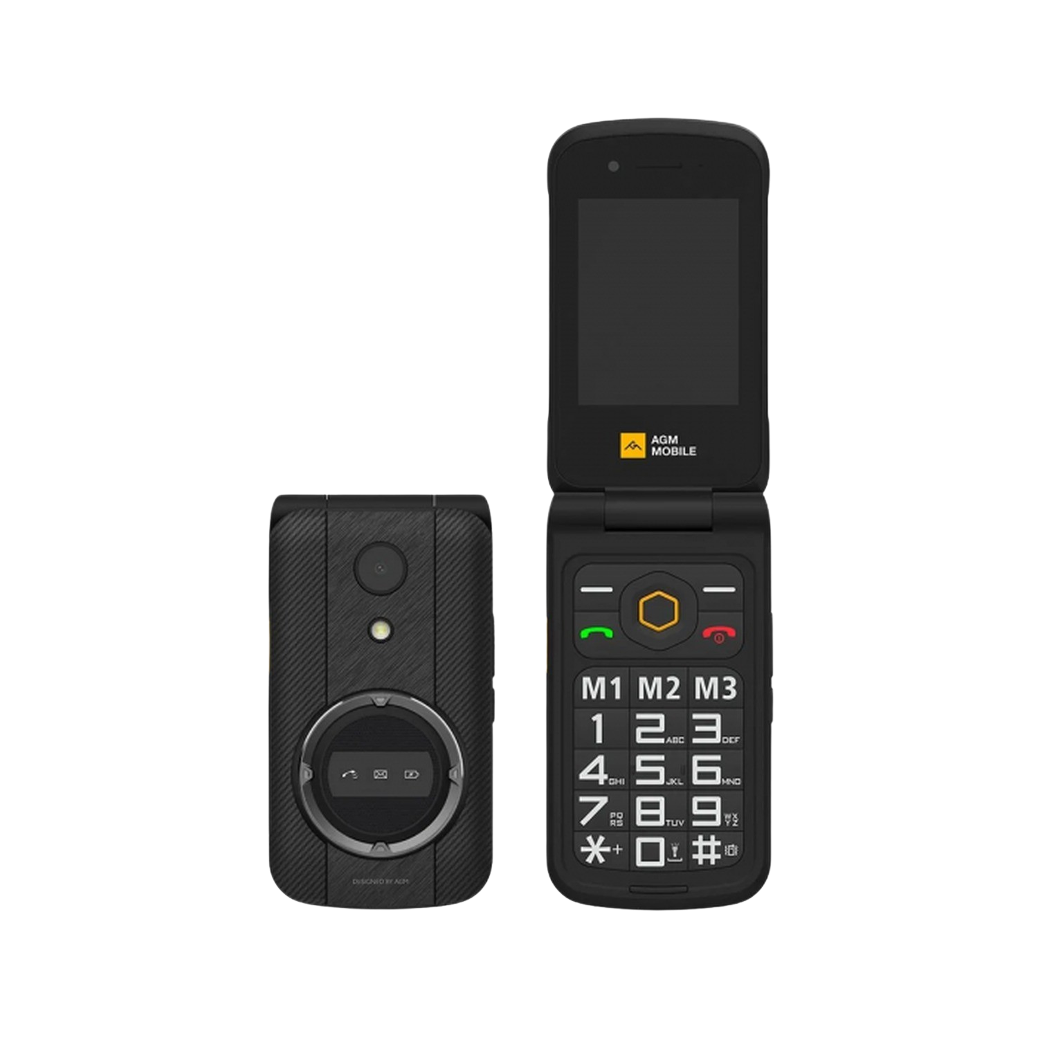 Un téléphone à clapet noir et jaune, ouvert. Un autre téléphone est vu de dos.