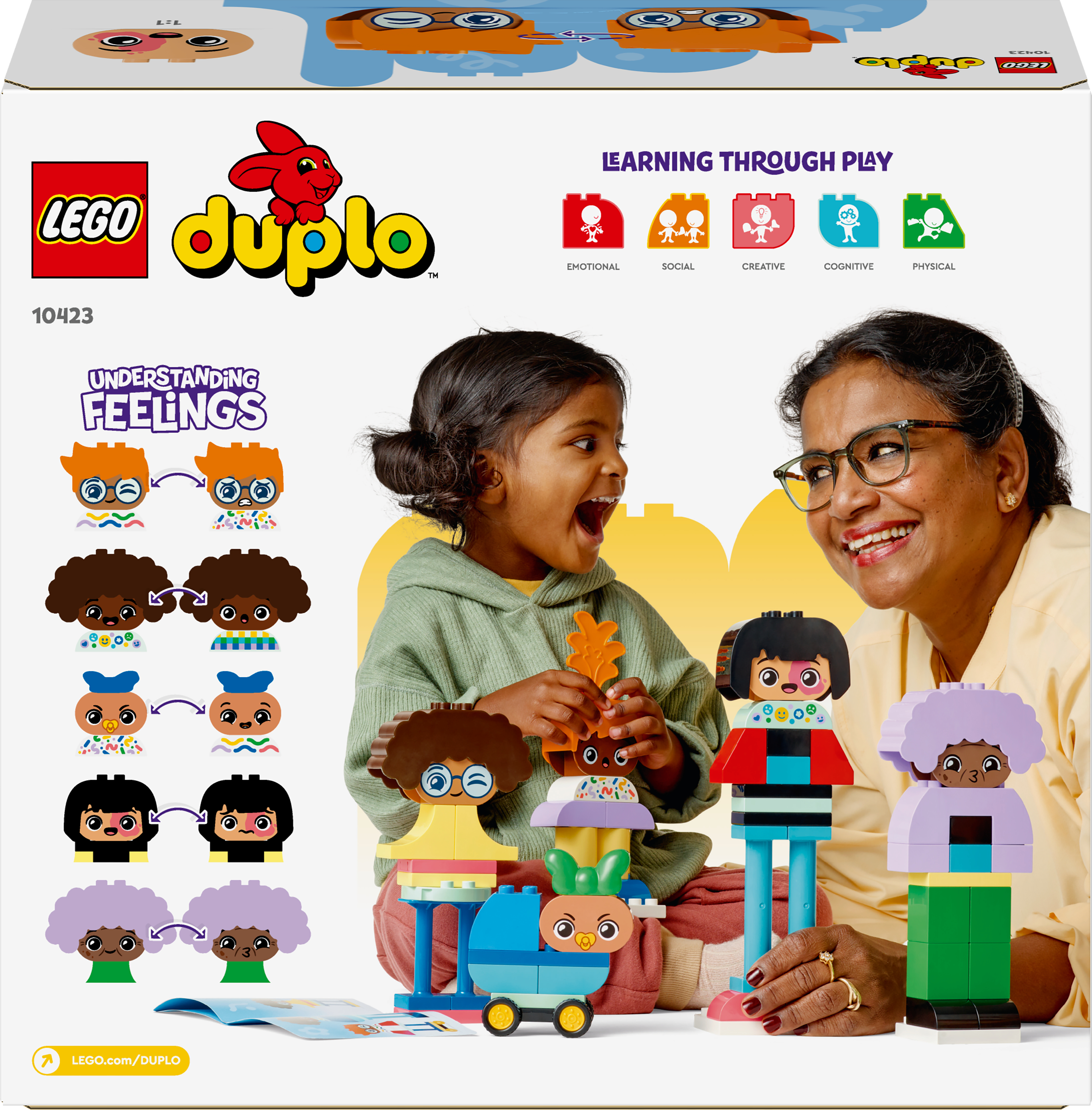 Eine Lego Duplo Set-Box mit einem Kind und einem Erwachsenen, die mit Lego-Figuren spielen.