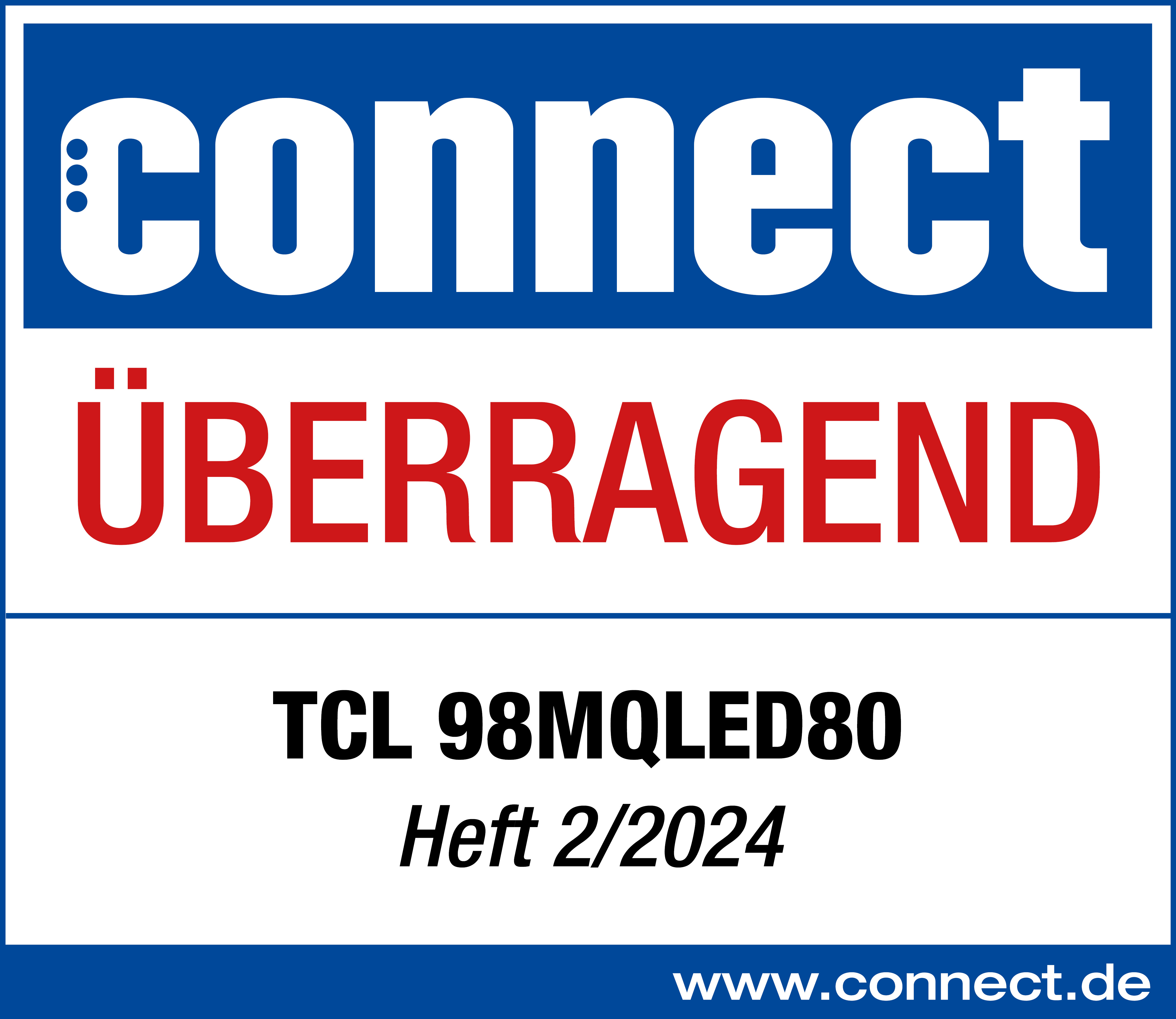 Blaue und weiße Connect-Werbung mit Text und Logo.