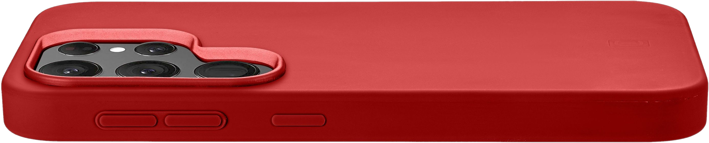 Coque de téléphone rouge avec caméra. Le côté montre des boutons.