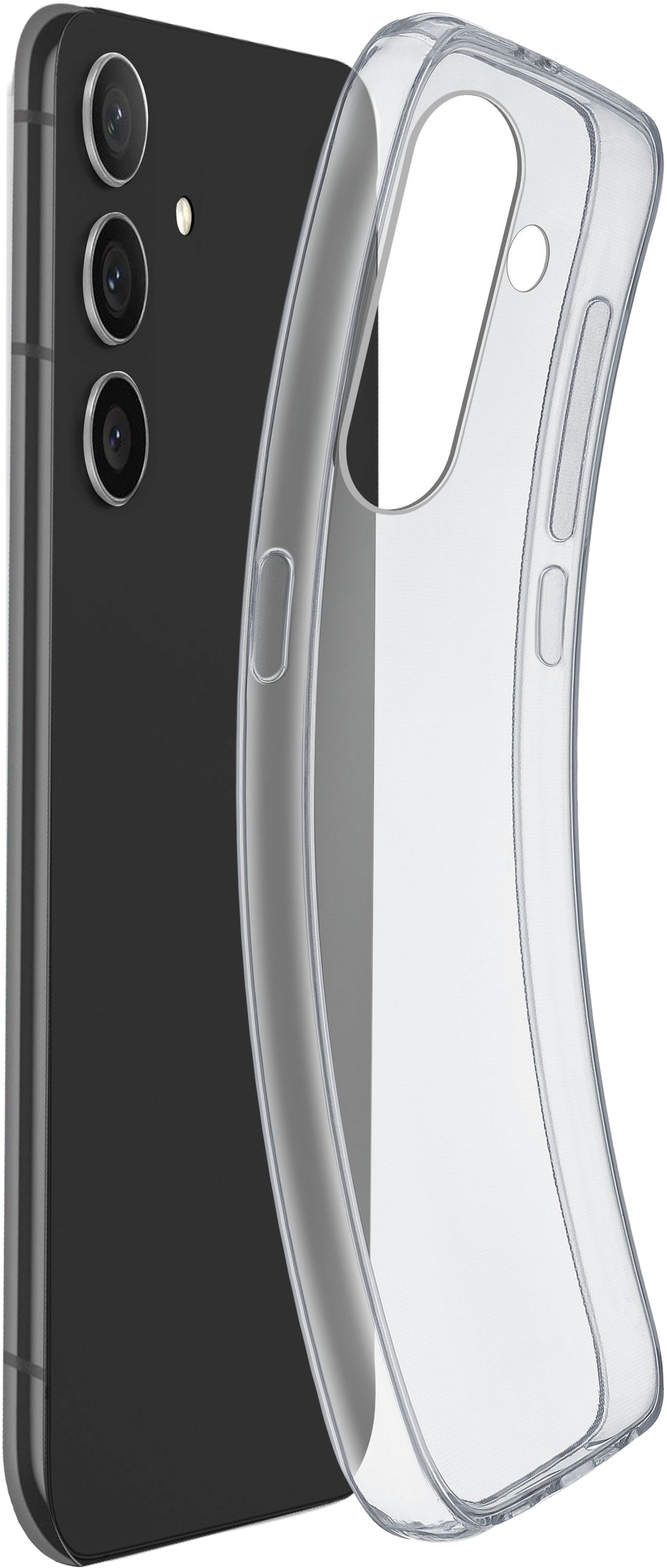 Ein schwarzes Smartphone mit drei Kameras und eine transparente Handyhülle, leicht geöffnet, auf weißem Hintergrund.