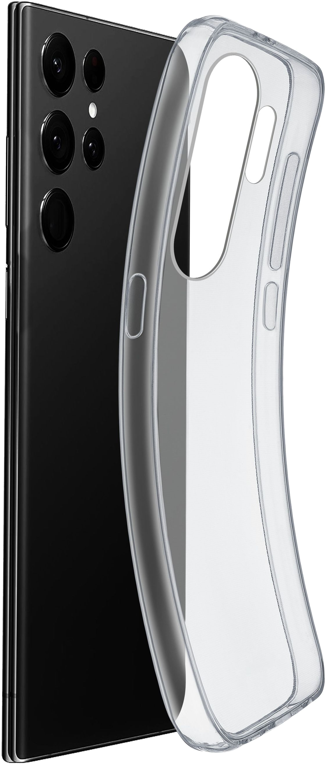 Schwarzes Telefon mit durchsichtiger Hülle, nebeneinander. Weißer Hintergrund.