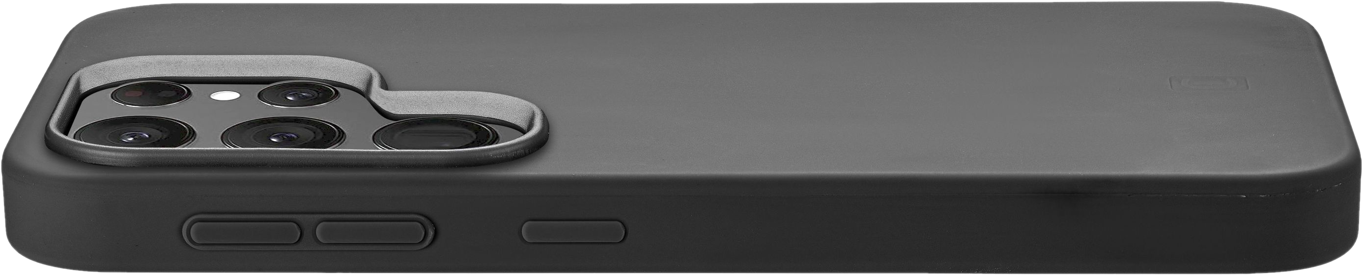 Coque de téléphone noire avec bosse de caméra et boutons latéraux.