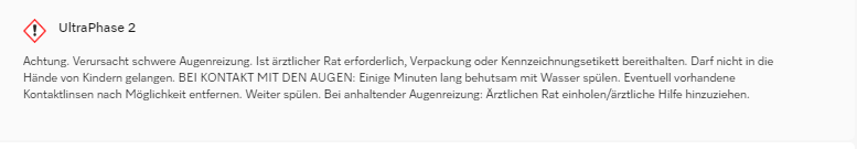 Warnhinweis zur Augenreizung. Enthält Anweisungen zur Behandlung und Erster Hilfe.