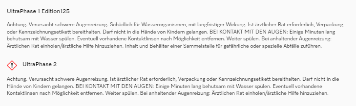 Warntext zu UltraPhase 1 Edition125 und UltraPhase 2, der mögliche Augenreizungen beschreibt.