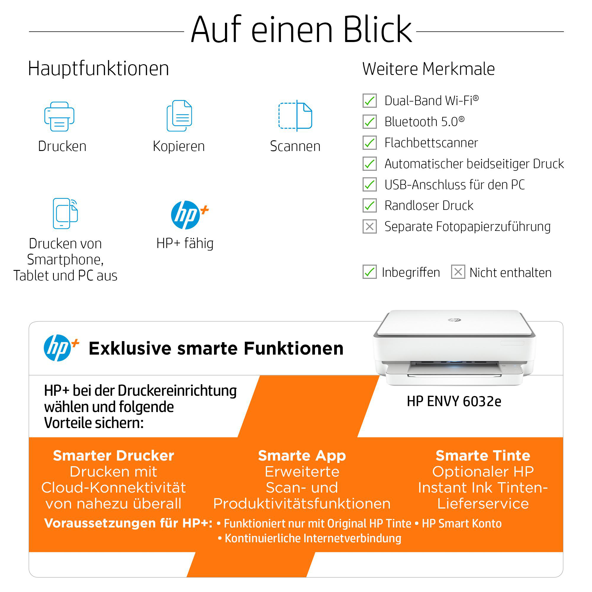 Broschüre mit Druckoptionen und Funktionen eines HP-Druckers. Text und Symbole werden angezeigt.