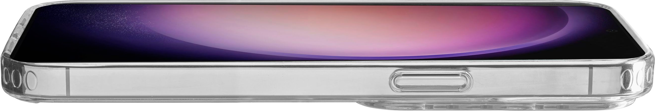 Gros plan sur un téléphone dans une coque transparente. Le téléphone a un écran incurvé.