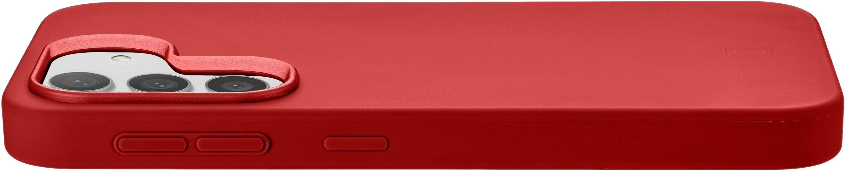 Coque de téléphone rouge avec bosse pour appareil photo et boutons latéraux.