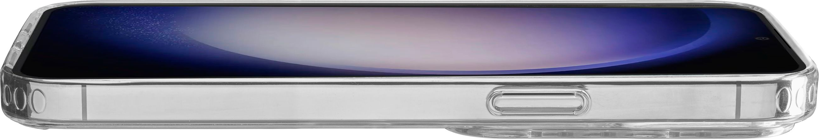 Eine transparente Handyhülle mit einem Telefon mit blau-lila Bildschirm.