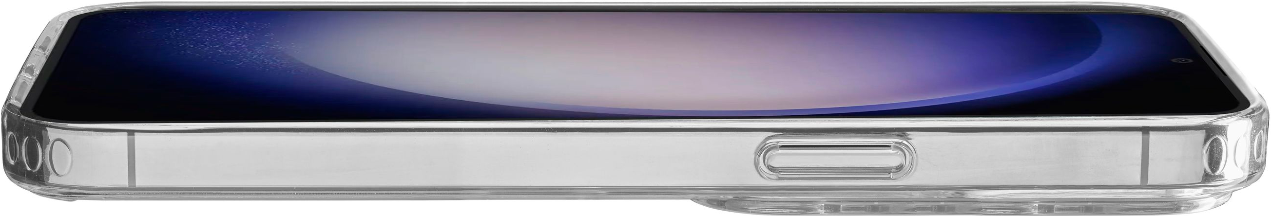 Transparente Smartphone-Hülle mit Telefon, Seitenansicht, auf weißem Grund.