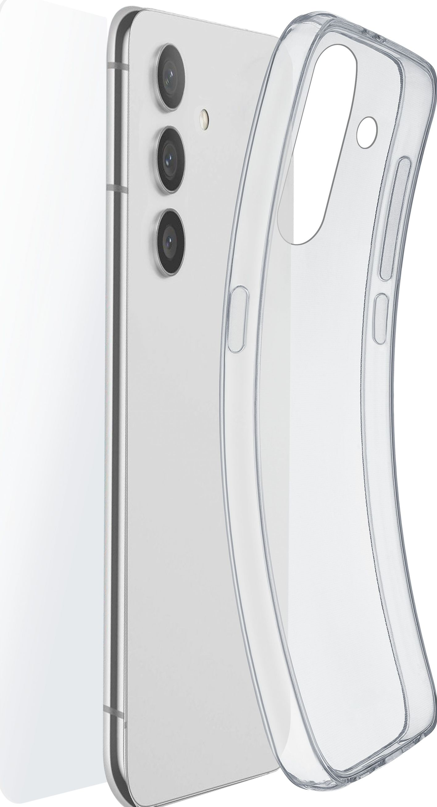 Smartphone blanc avec une coque transparente. Trois caméras sont visibles à l'arrière du téléphone.