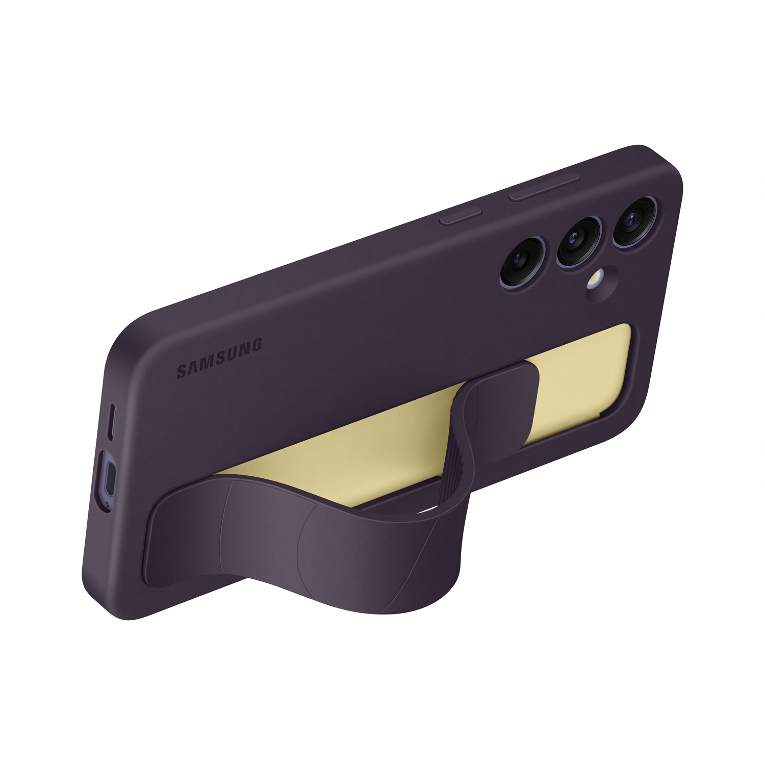 Purple phone case with a yellow interior, a camera module, and a stand.