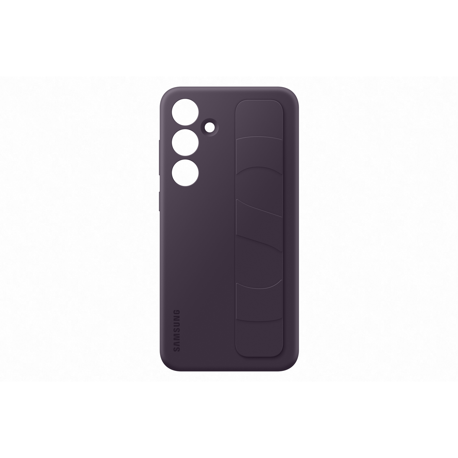 A dark purple phone case with a strap. The case has three camera cutouts and Samsung logo.