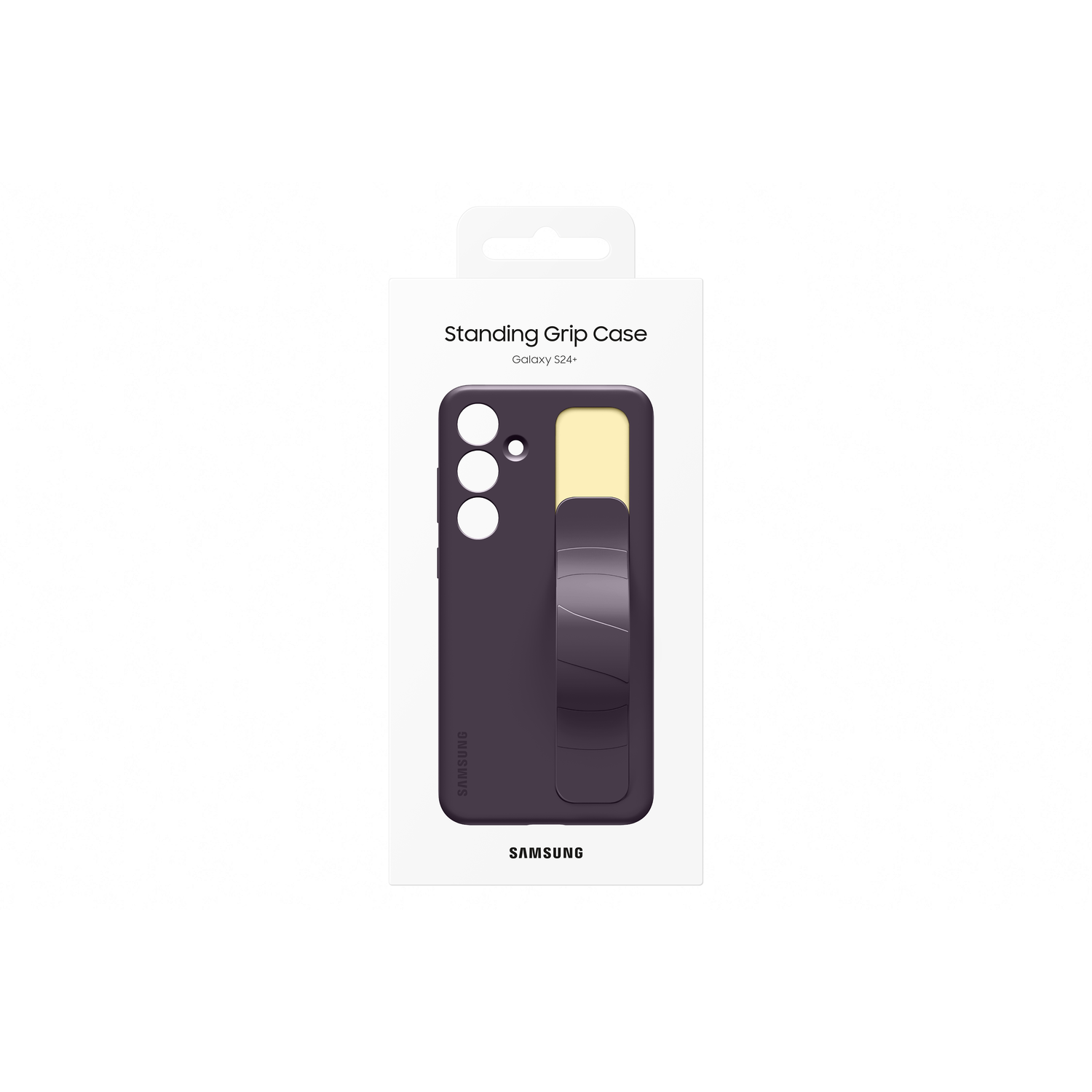 Phone case packaging. Purple case with a grip on a white background.