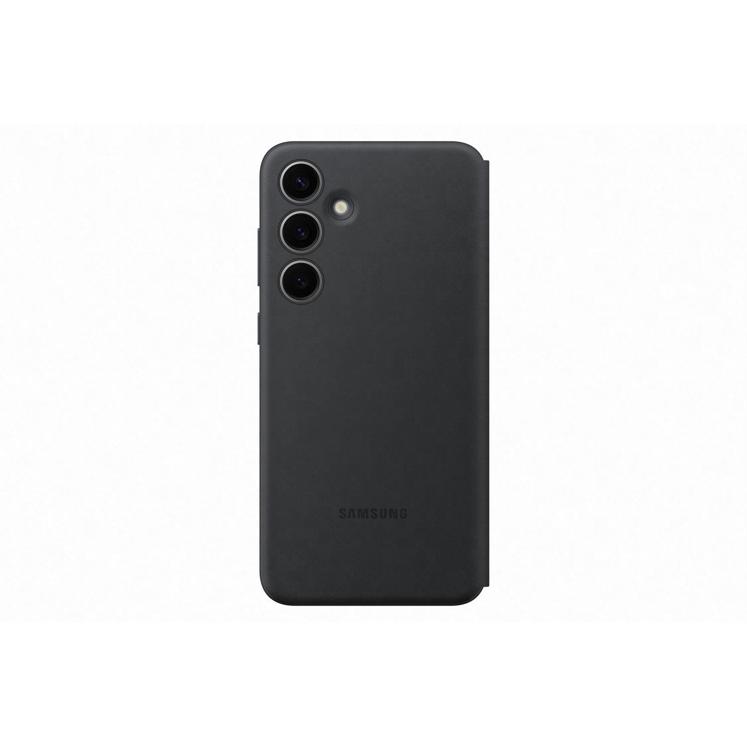 Une coque de téléphone noire avec trois objectifs de caméra et un flash au dos, sur fond blanc.