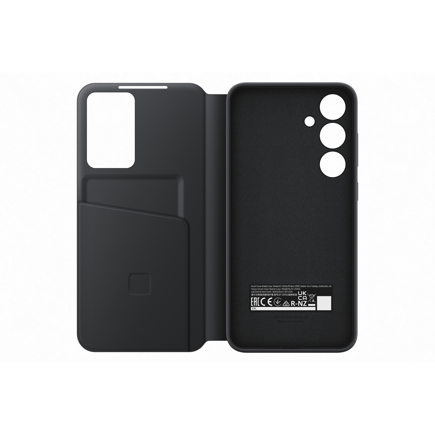 Étui de téléphone noir ouvert, révélant une fente pour carte et l'arrière du téléphone.
